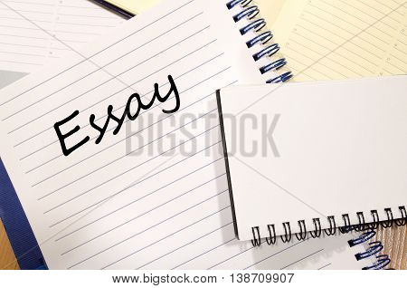 Essay text concept write on notebook .