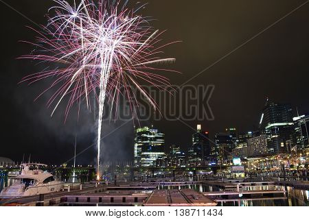 16 July 2016: Darling Harbour Sydney AUSTRALIA: 8.30pm fireworks display marking the end of the Cool Yule Festival a Southern Hemisphere winter festival