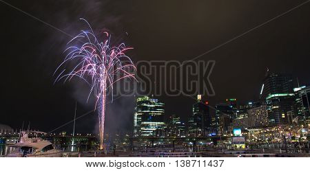 16 July 2016: Darling Harbour Sydney AUSTRALIA: fireworks display marking the end of the Cool Yule Festival a Southern Hemisphere winter festival