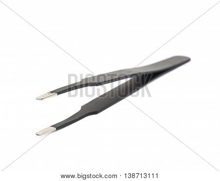 Black metal anti-static tweezers tool isolated over the white background