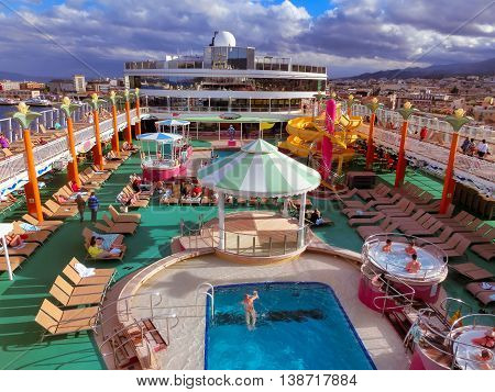 Messina, Italy - May 05, 2014: The upper deck of cruise Ship Norwegian Jade by NCL