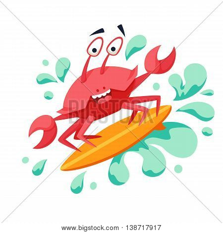 Surfer cool crab on wave. Sirfing monsters. Fun surf print with cute crab vector illustration. Comic sea character on surfboard. Water sports kid poster. Ride crab athlete