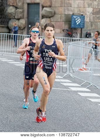 STOCKHOLM - JUL 02 2016: Triathlete Sarah True and Vicky Holland running in the Women's ITU World Triathlon series event July 02 2016 in Stockholm Sweden