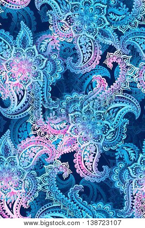 amazing dark galactic paisley pattern, seamless design with depth and artistic style. Dark blue, turquoise, pink colors in overlapping mehndi repeat.