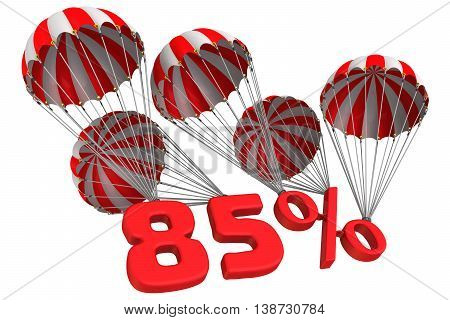 Eighty five percent is falling down on parachutes. Isolated. 3D Illustration
