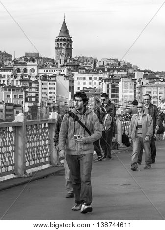 Istanbul Turkey - March 29 2013: Galata Tower a fortress located in the Galata district of Istanbul. The structure was built in 528 years it is among the most important symbols of the city.