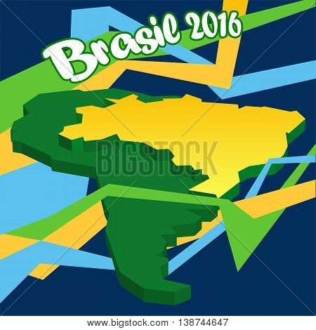 Abstract Brasil 2016 logo with national flag on country map in 3d over background with lines. Digital vector image.