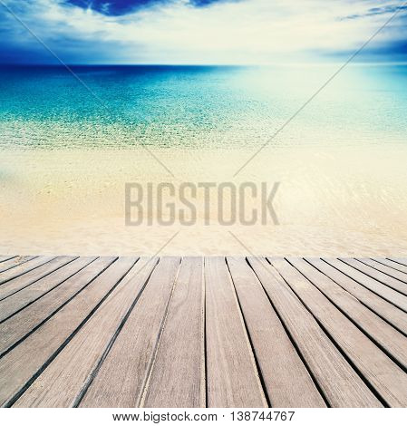 Beautiful beach and tropical sea - Sandy beach on sunny day with wooden walkway