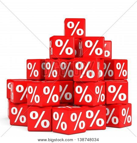 Red discount cubes on white background. 3D illustration.