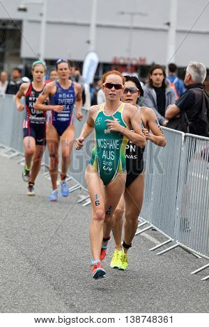 STOCKHOLM - JUL 02 2016: Triathlete Charlotte McShane and competitors running in the Women's ITU World Triathlon series event July 02 2016 in Stockholm Sweden