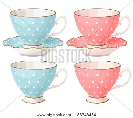 Vector set of vintage porcelain teacups and saucers