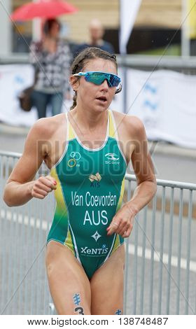 STOCKHOLM - JUL 02 2016: Running triathlete Natalie Van Coevorden in the Women's ITU World Triathlon series event July 02 2016 in Stockholm Sweden