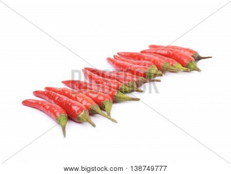 Lined up pile of red italian peppers isolated over the white background