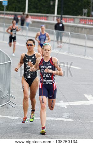 STOCKHOLM - JUL 02 2016: Female running triathletes Taylor Knibb and Yuka Sato in the Women's ITU World Triathlon series event July 02 2016 in Stockholm Sweden