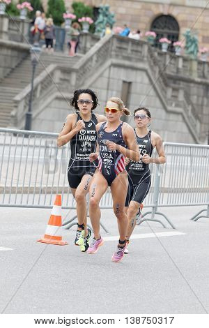 STOCKHOLM - JUL 02 2016: Group of running triathletes in the Women's ITU World Triathlon series event July 02 2016 in Stockholm Sweden