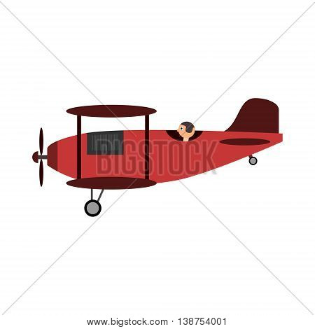 Red retro airplane with pilot. Isolated vector illustration.