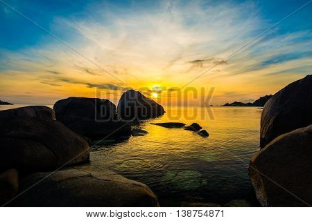 Vacationa Time Concept Idyllic Sea Rocky Beach With Mountain Sunrise