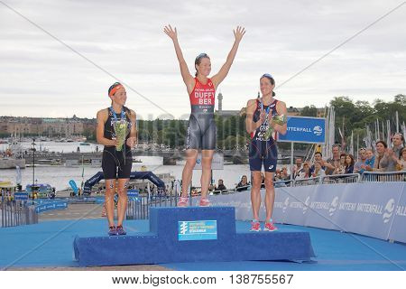 STOCKHOLM - JUL 02 2016: Flora Duffy Andrea Hewitt and Helen Jenkins on the winner's stand in the Women's ITU World Triathlon series event July 02 2016 in Stockholm Sweden