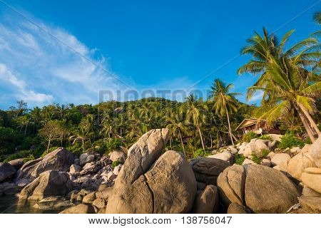 Vacationa Time Concept Idyllic Sea Rocky Beach With Mountain Sunrise