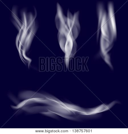 Vector smoke set. Cigarette realistic smoke on dark background. Smoke texture. Cigarette smoke waves.