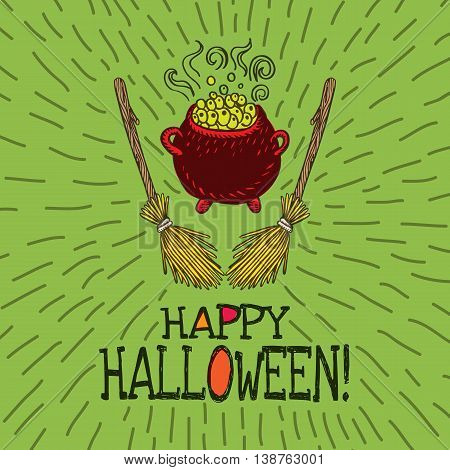 Halloween card with hand drawn witch's cauldron and broom on green background. Vector hand drawn illustration.