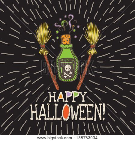 Halloween card with hand drawn magic potion bottle and broom on black background. Vector hand drawn illustration.