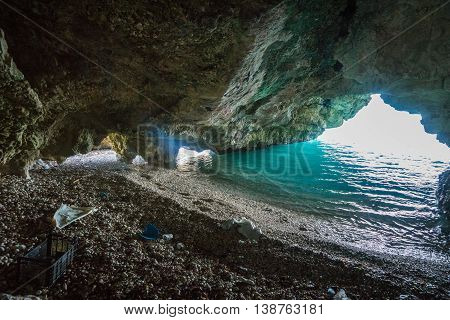 Cave On The Dafnoudi Beach On Kefalonia Island, Greece