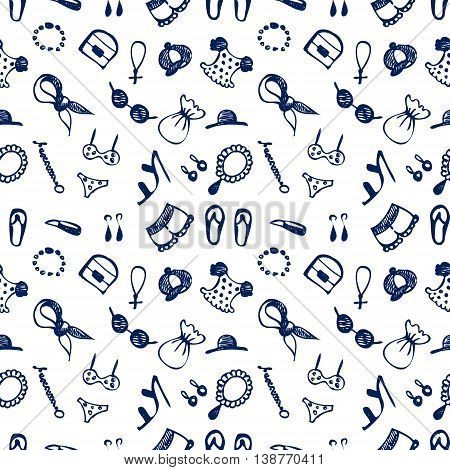 Semless vector pattern with clothes and accessory. Hand sketch drawing. Imitation of ink penciling. Series of Hand Drawn and Fashion Patterns.