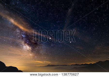The Colorful Glowing Core Of The Milky Way And The Starry Sky Captured At High Altitude In Summertim
