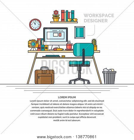 Linear illustration of the workspace for designer. Workplace and subjects the business office.