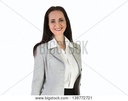 Attractive business woman portrait against of white background