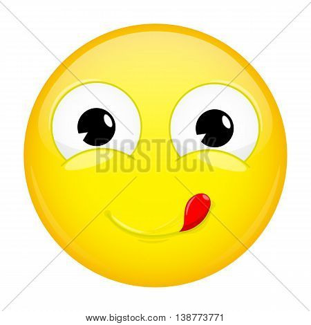 Lick lips emoji. Good emotion. Yummy emoticon. Vector illustration smile icon.