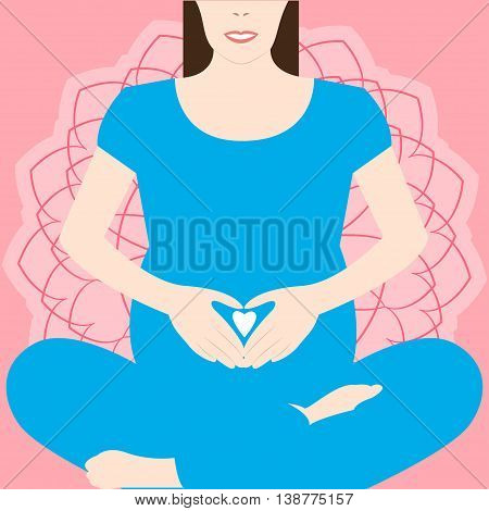 Pregnant yoga Vector illustration Pregnant woman in Lotus pose Pregnant woman holding hands on belly Mandala in the background