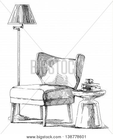 Contemporary modern interior hand drawing vector illustration.