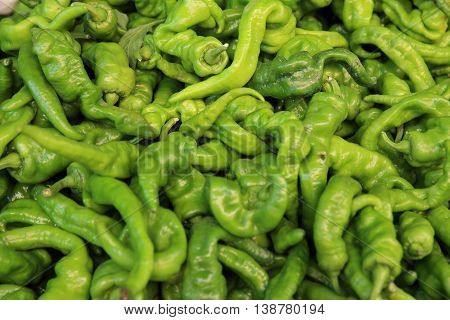 fresh green pepper selling on vegetable market