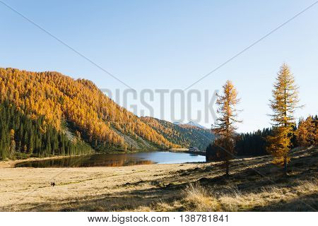 Reflections On Water, Autumn Panorama From Mountain Lake