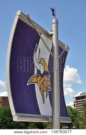 MINNEAPOLIS MN USA - JULY 15 2016:Minnesota Vikings Logo on Sail Near US Bank Stadium in Minneapolis