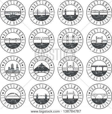 Vintage Grunge  Labels Set Of Portland , Oregon , Usa . Retro Emblems Of Bridges .
