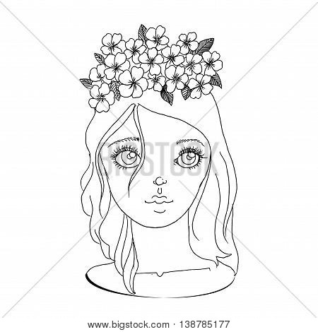 Young girl in wreath. Hand drawn vector stock illustration. Black and white whiteboard drawing.