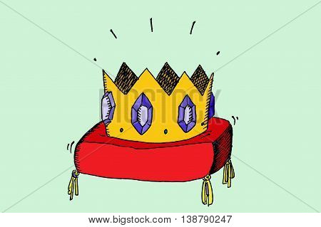 Golden crown with jewels. Hand drawn vector stock illustration.