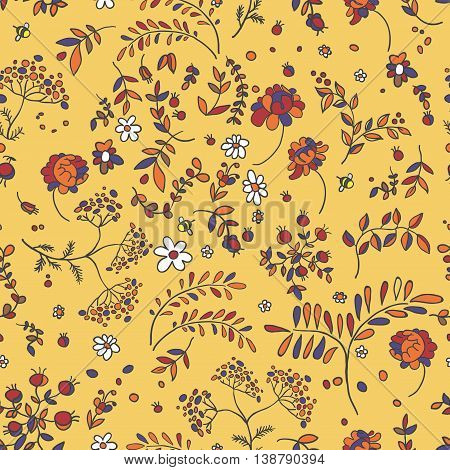 Seamless pattern of flowers leaves twigs. Floral Fabric. Patchwork