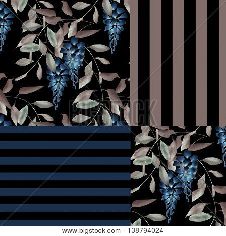 Abstract elegance patchwork seamless pattern with blue glicinia flowers print