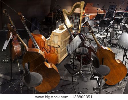 musical instruments on the stage and in the orchestra pit