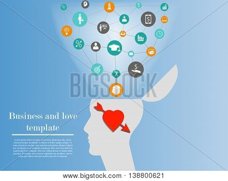 Business and love template. Illustration of business man in love who can not think about career and affairs and lose his professional skills. Concept of one side of connection of love and business