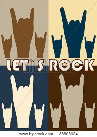 Set of illustrations gesture rockers on different color backgrounds. Stylish template for slogan, poster, flyer, etc. Vector. Vertical location.