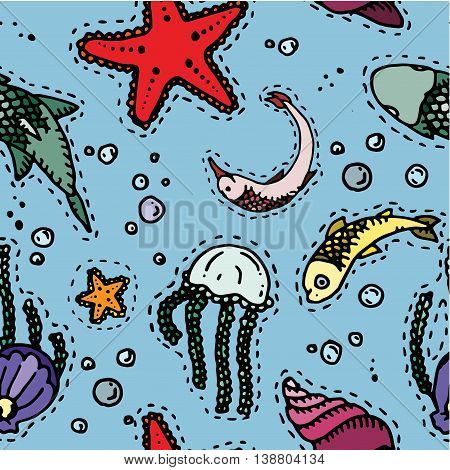 Sea underwater creatures. Hand drawn vector stock illustration. Seamless background pattern.