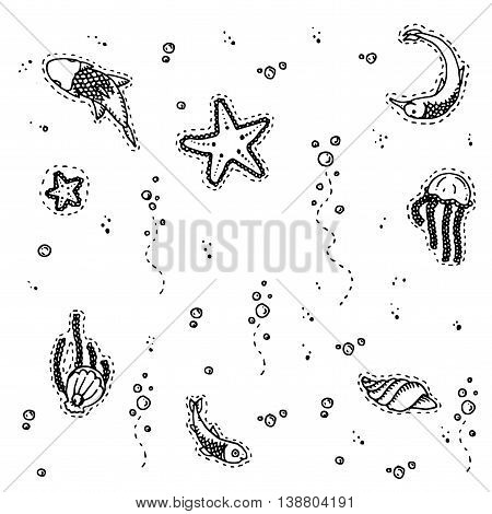 Sea underwater creatures. Hand drawn vector stock illustration. Black and white whiteboard drawing.