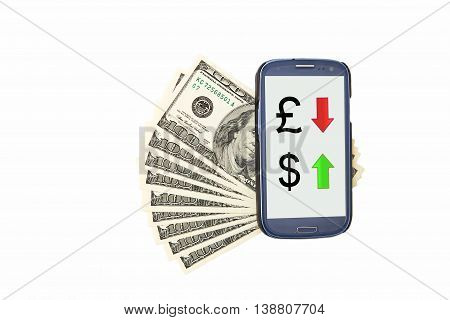 Smartphone lying on the USdollars, currency exchange symbols on display. isolated on a white background