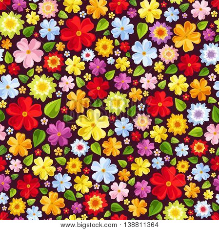 Vector seamless background with bright colorful flowers and leaves.