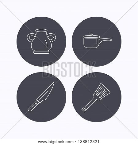 Saucepan, kithcen knife and utensils icons. Vase linear sign. Flat icons in circle buttons on white background. Vector
